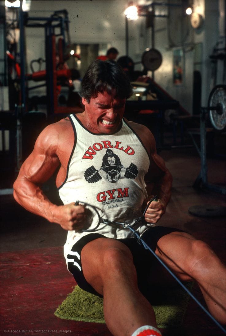 Arnold Schwarzenegger treinando com cabo na academia